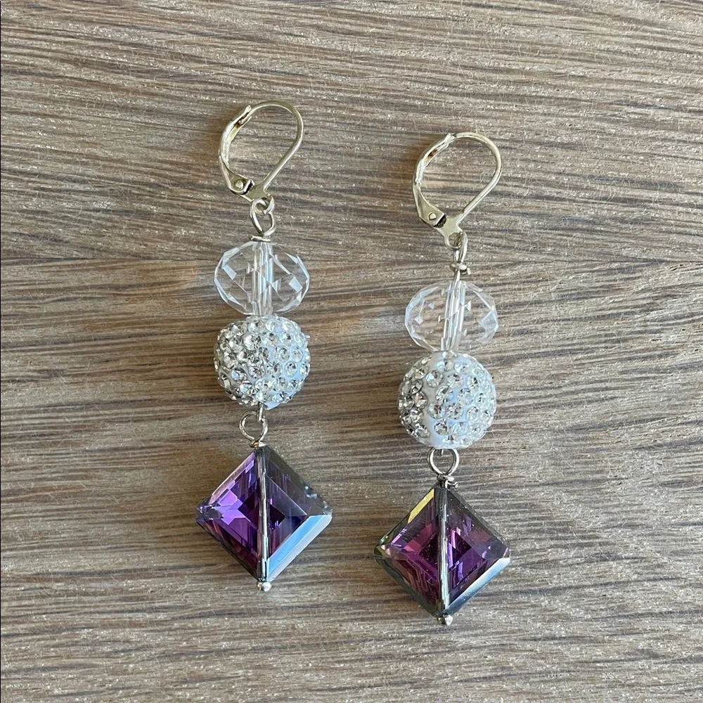 HAND CRAFTED DRAMATIC PARTY EARRINGS Purple Silver Clear Crystals